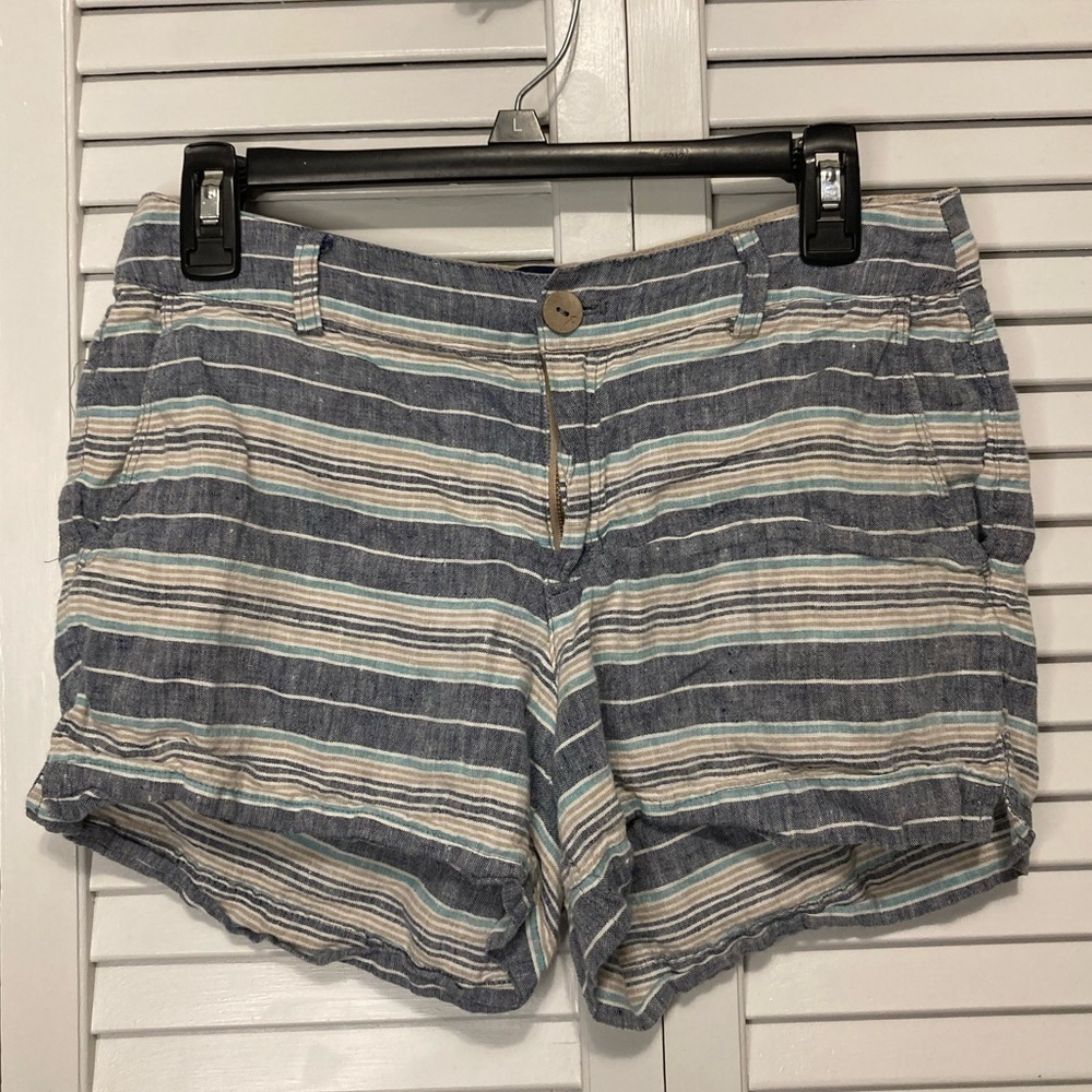 British Khaki 100% Linen Tan And Blue Striped Shorts Size 2